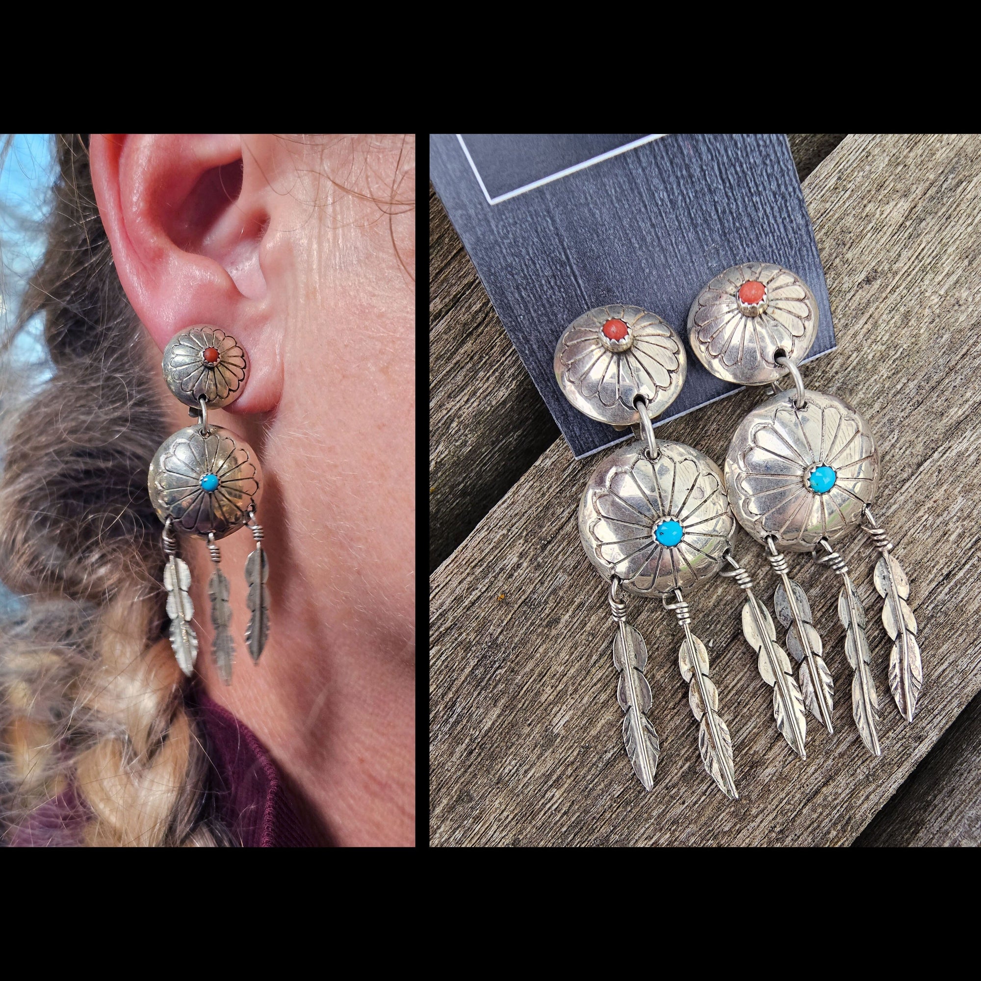 Two Tier Concho with Dangling Feathers Clip Earrings - EOA3