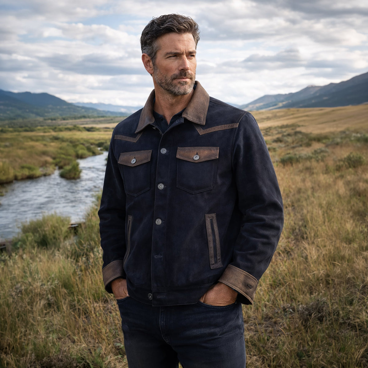 Navy Goat Suede Jacket - TELNV