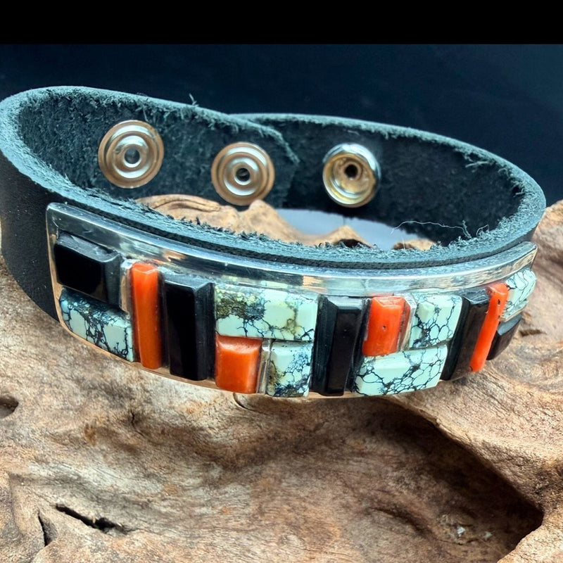 Variscite/Black Jet Inlay/Leather Cuff - CPD21
