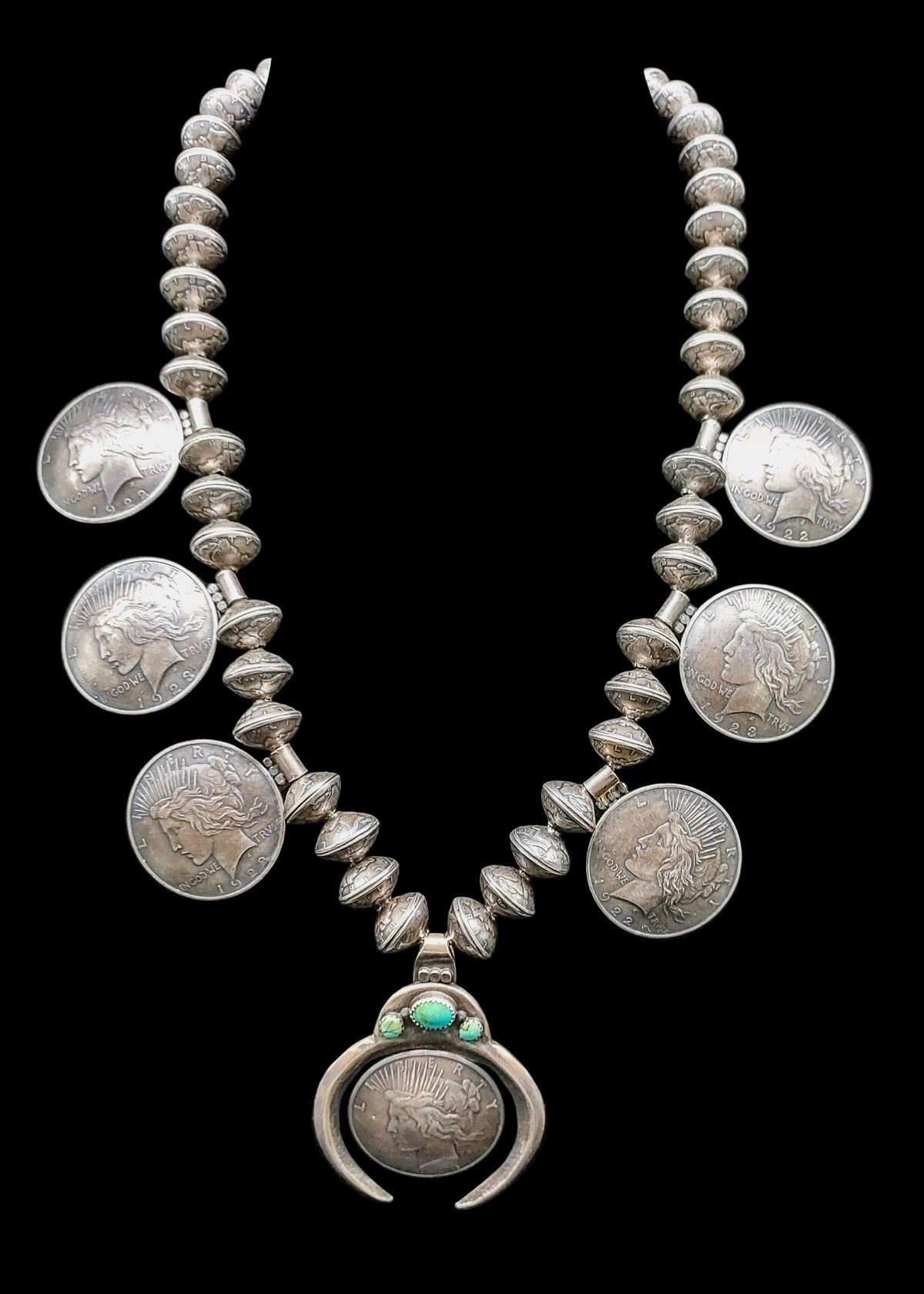 Vintage Liberty Silver Dollar Squash Blossom Necklace - SQMH26