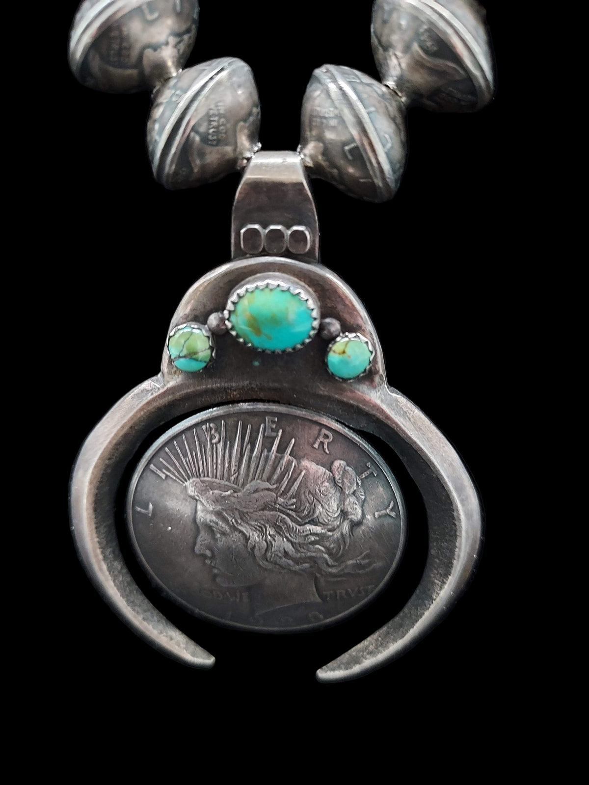 Vintage Liberty Silver Dollar Squash Blossom Necklace - SQMH26