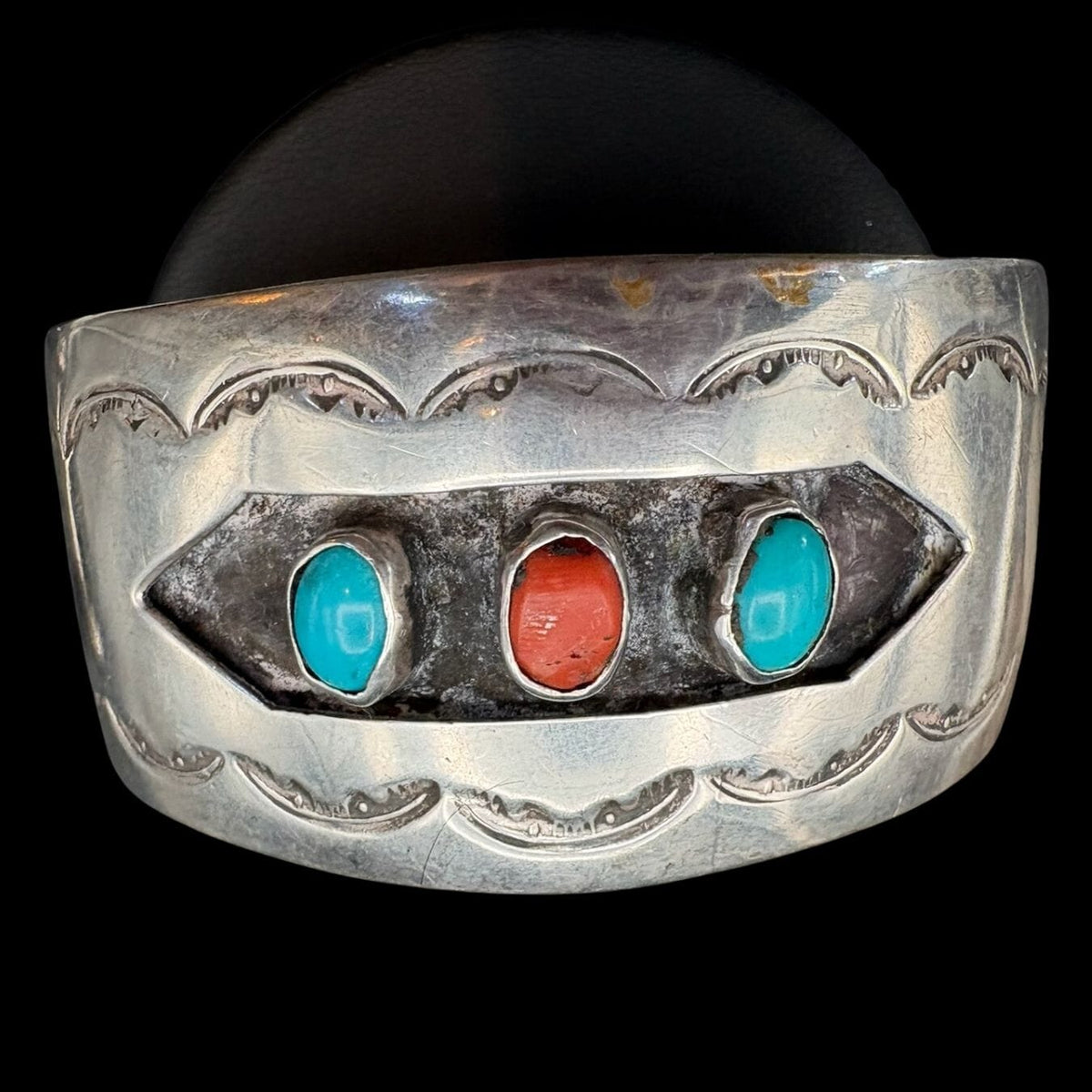 Vintage Sterling Red Coral and Turquoise Cuff - CMH297