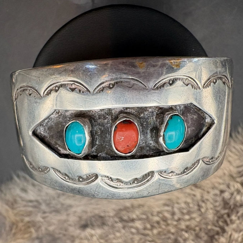 Vintage Sterling Red Coral and Turquoise Cuff - CMH297
