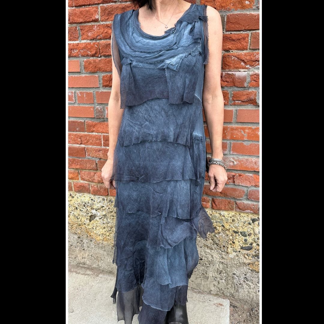 Washed Denim Tiered Silk Maxi Dress - DGG2-WDN STONE FEATHER ROAD Washed Denim Tiered Silk Maxi Dress - DGG2-WDN STONE FEATHER ROAD