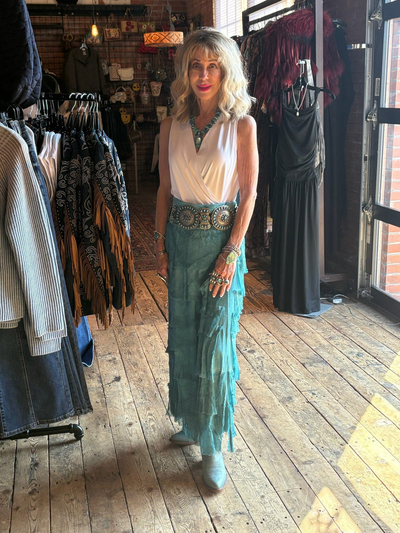 Washed Teal Silk Tiered Maxi Skirt - KGG1-WT