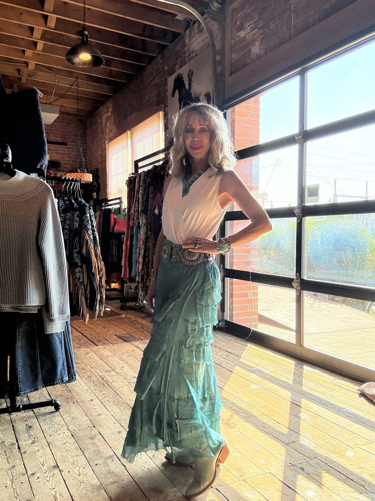 Washed Teal Silk Tiered Maxi Skirt - KGG1-WT