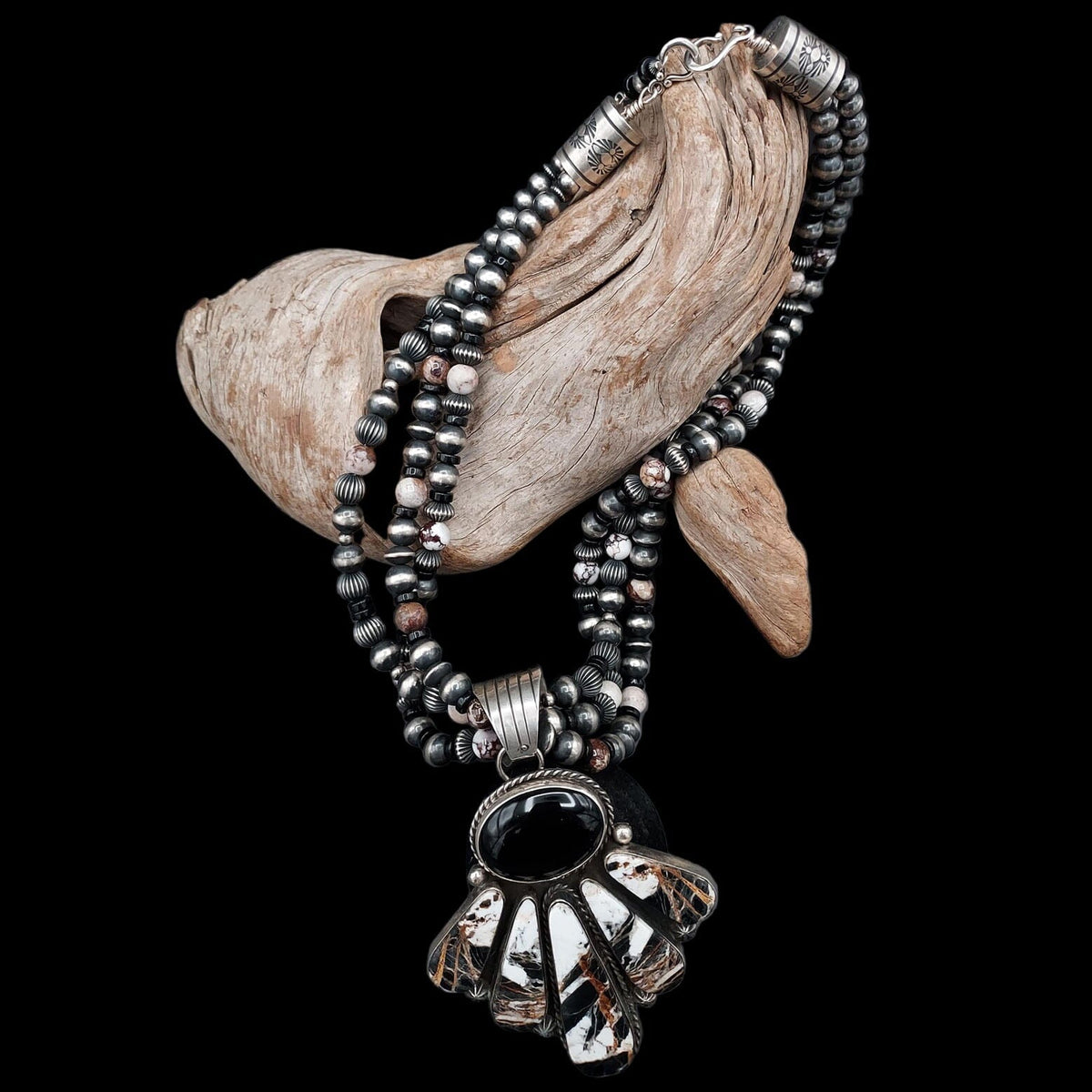 White Buffalo & Onyx Pendant Necklace – Sterling Silver Accents - N639