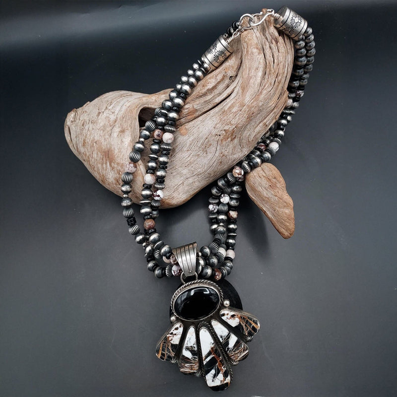 White Buffalo & Onyx Pendant Necklace – Sterling Silver Accents - N639