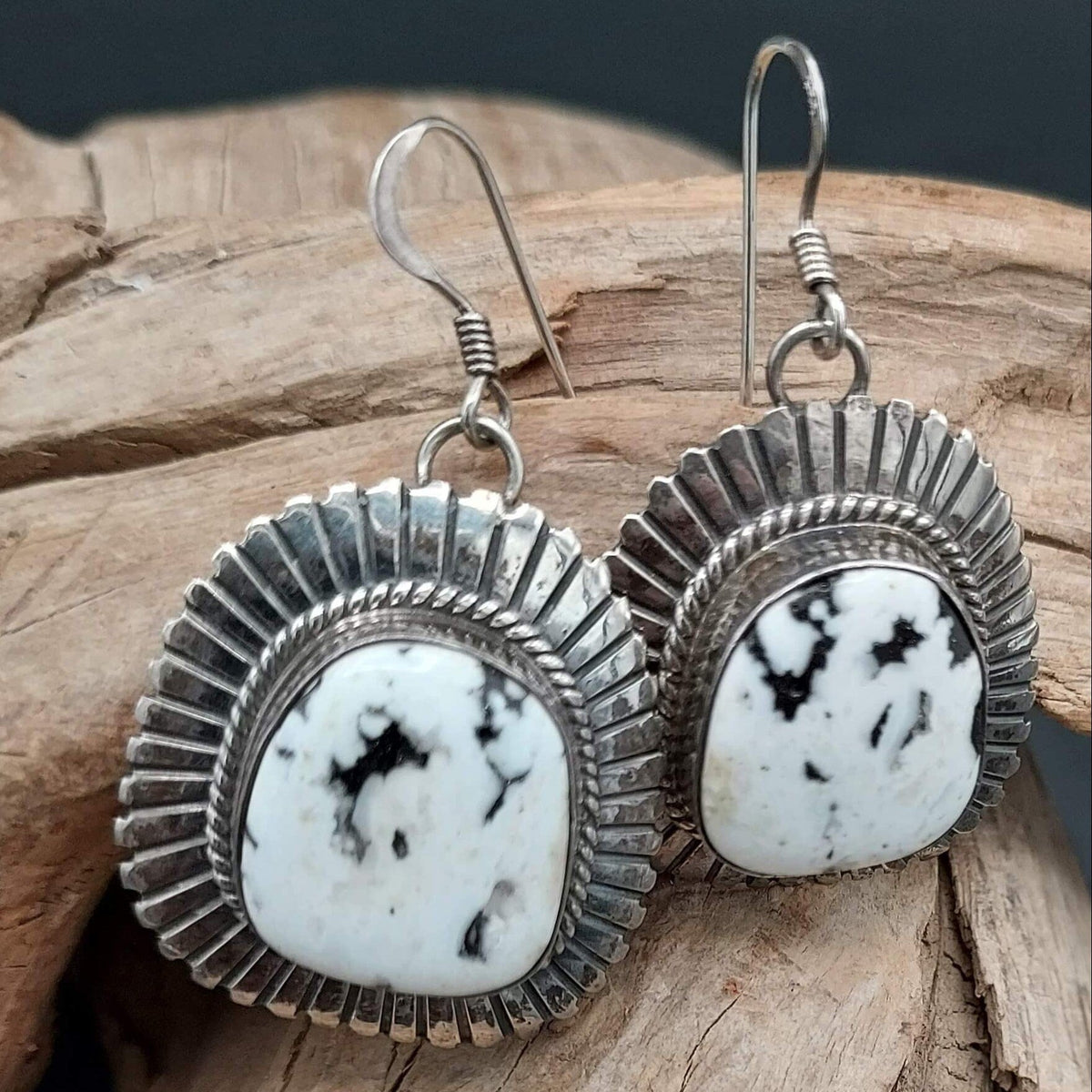 White Buffalo Sterling Silver Dangle Earrings — W. Denetdale (Navajo) - ECH12