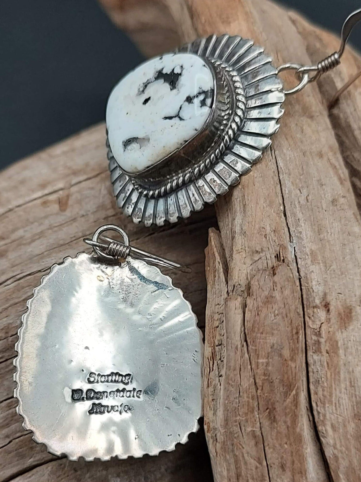 White Buffalo Sterling Silver Dangle Earrings — W. Denetdale (Navajo) - ECH12