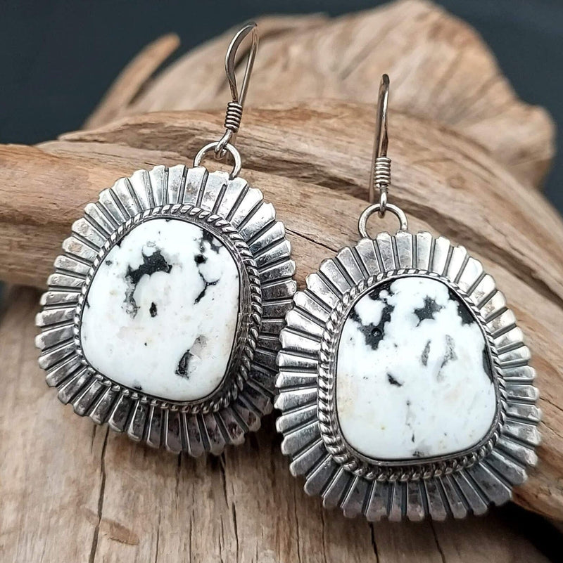 White Buffalo Sterling Silver Dangle Earrings — W. Denetdale (Navajo) - ECH12