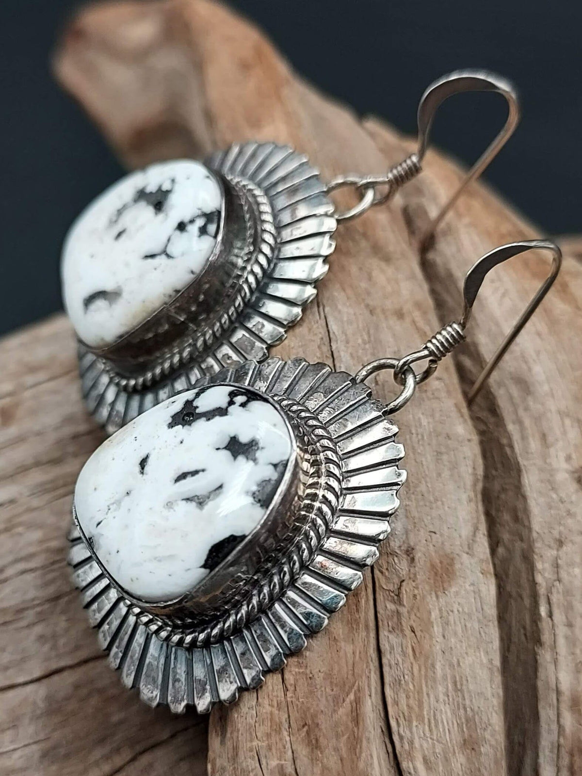 White Buffalo Sterling Silver Dangle Earrings — W. Denetdale (Navajo) - ECH12