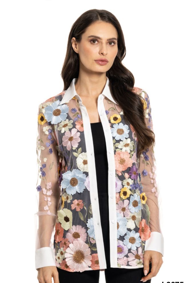 White Floral Embroidered Button Down Blouse - L3675