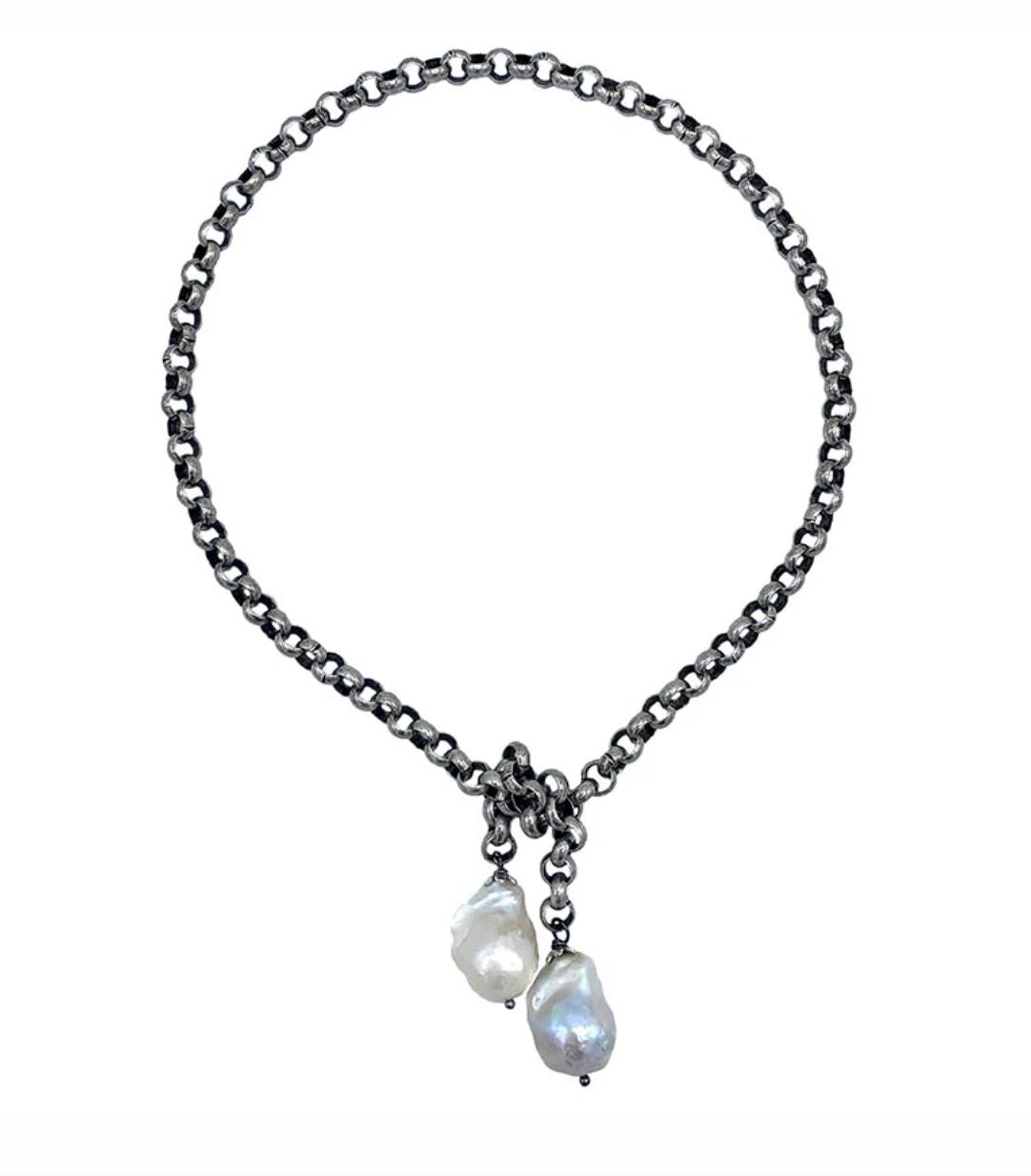 White Pearl/Turkish Silver Petite Lariat Choker - GP133-01S