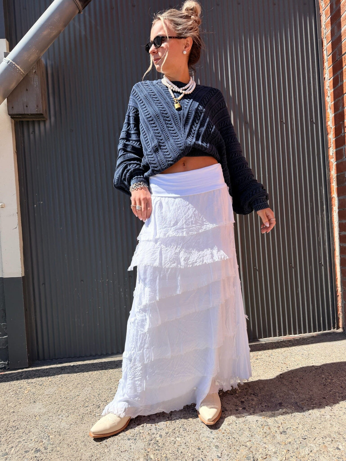 White Silk Tiered Maxi Skirt - KGG1-WH