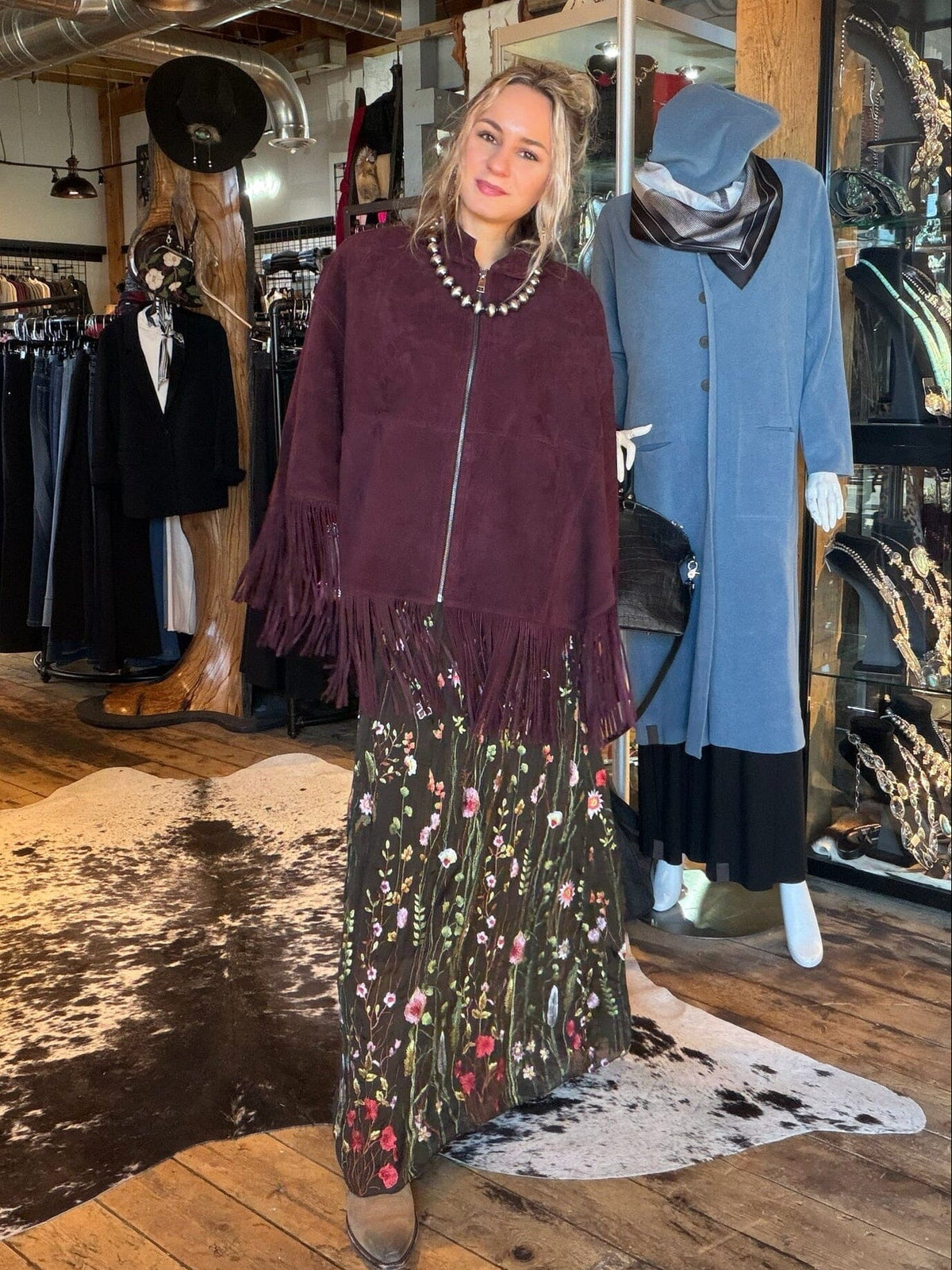 Wine Suede Fringed Cape - CDW1WN