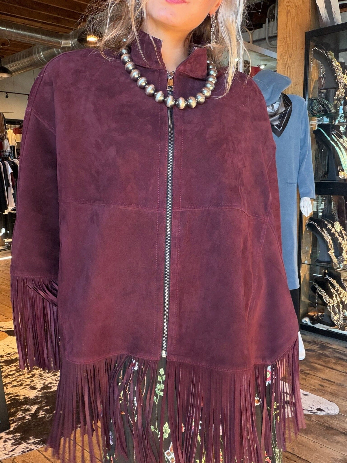 Wine Suede Fringed Cape - CDW1WN