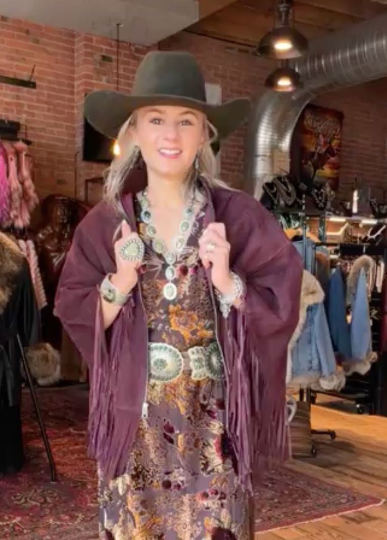 Wine Suede Fringed Cape - CDW1WN