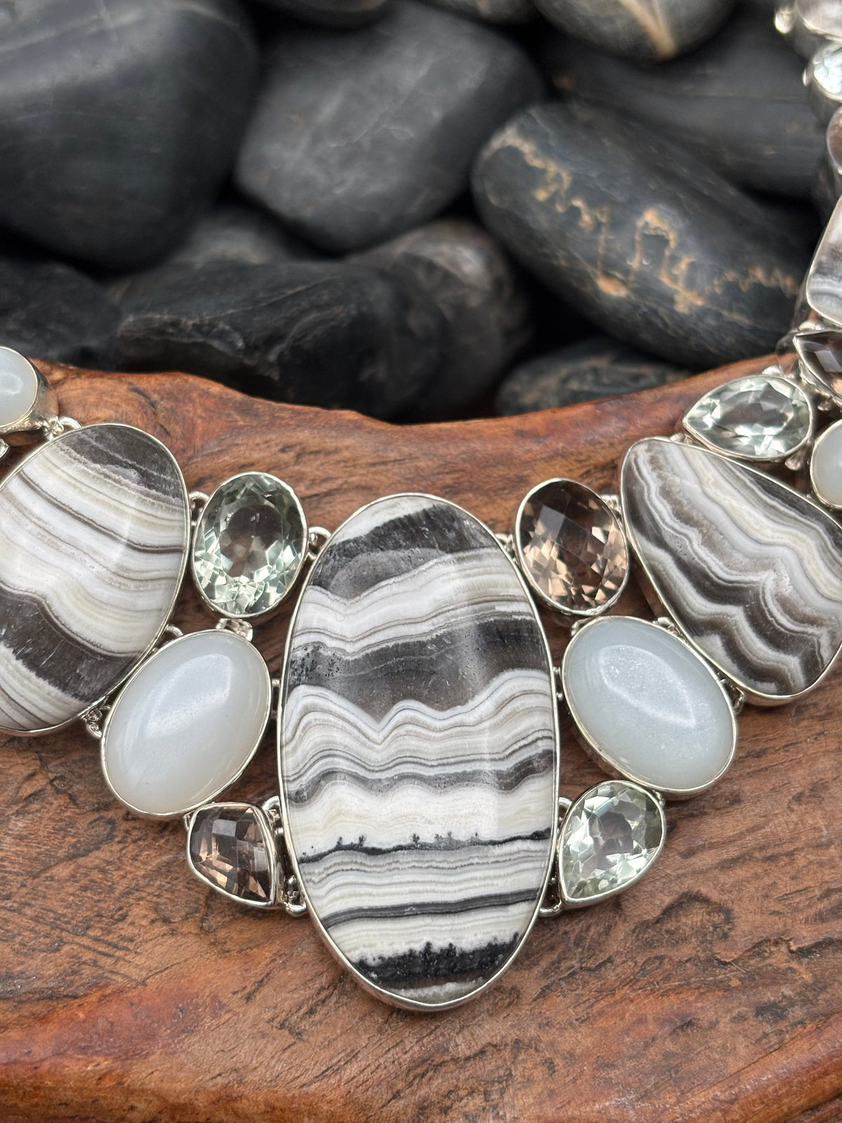 Zebra Jasper/Moonstone/Smokey Quartz Collar - NIG18