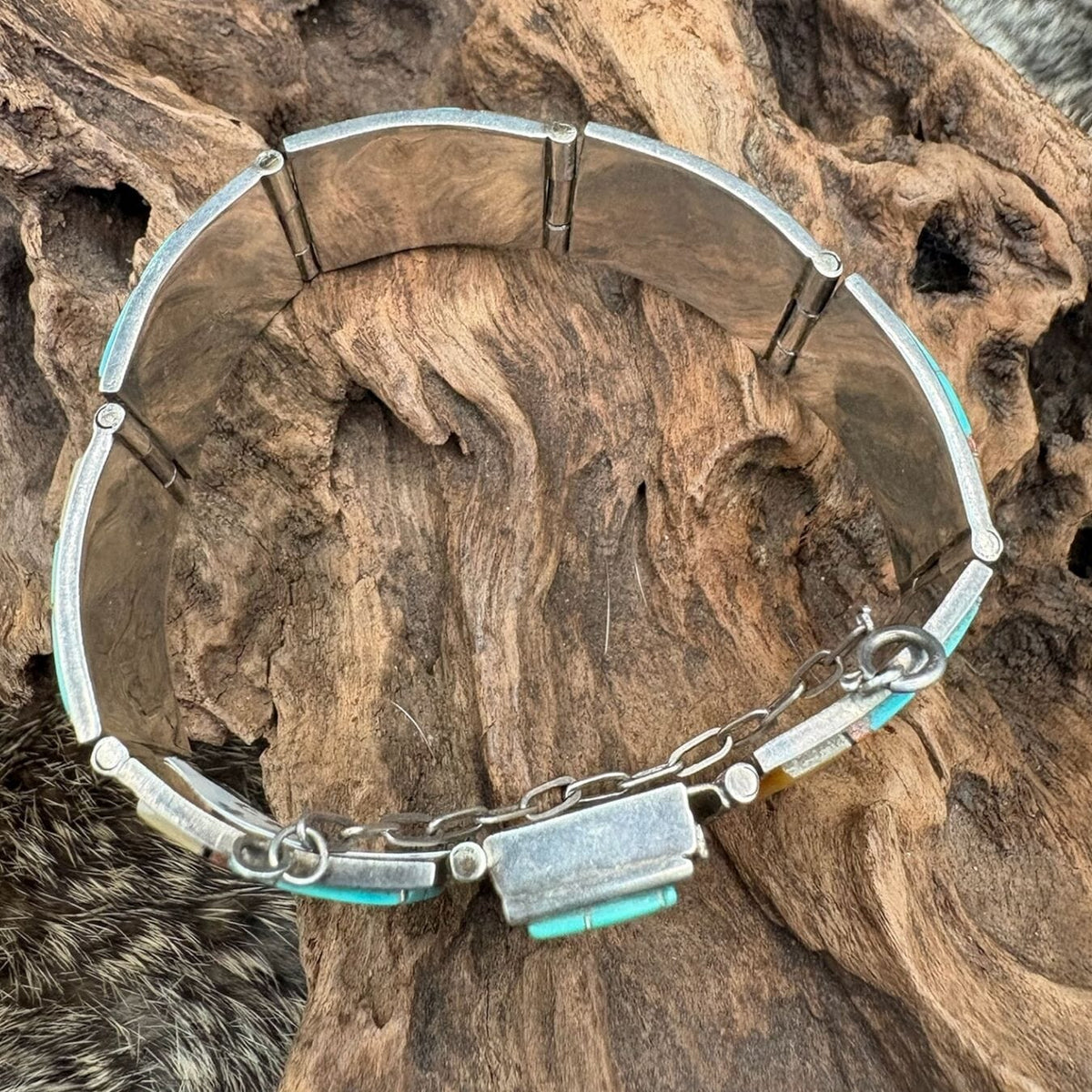 Zuni Inlay, Mother of Pearl, Turquoise, Coral Cuff - CMH287