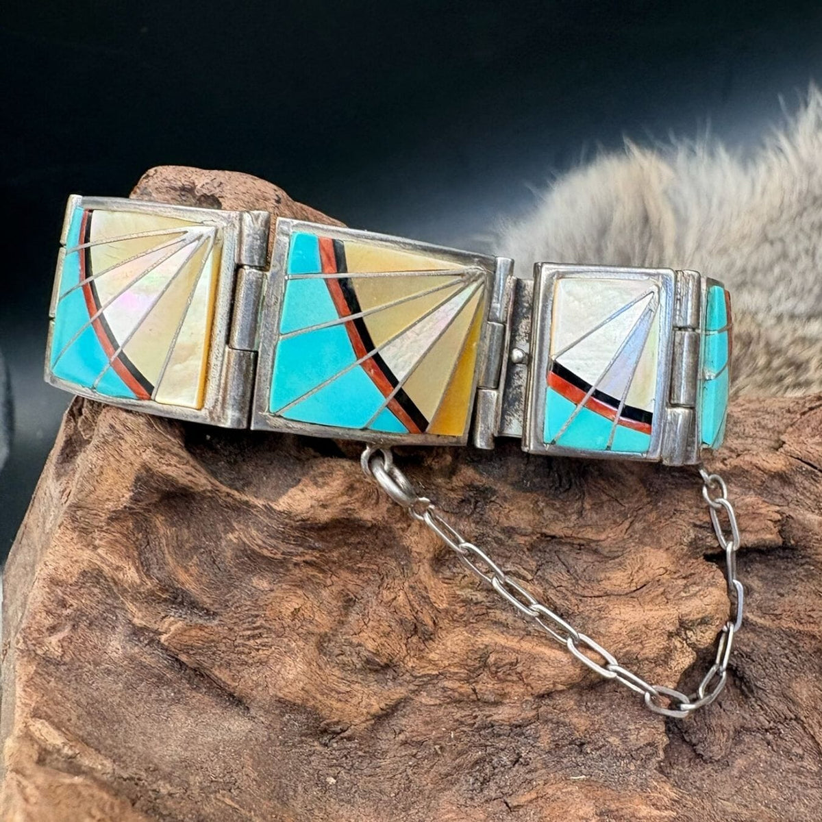 Zuni Inlay, Mother of Pearl, Turquoise, Coral Cuff - CMH287