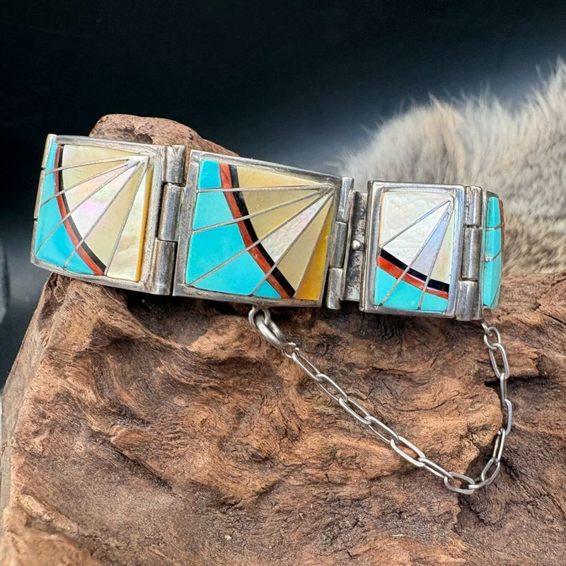 Zuni Inlay, Mother of Pearl, Turquoise, Coral Cuff - CMH287