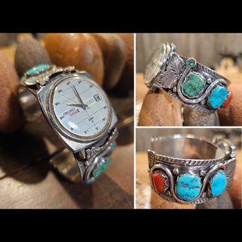 Zuni Watch Cuff with Turquoise and Red Coral - COA5