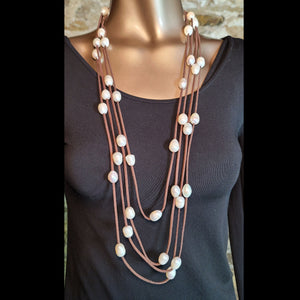 12'-5" Lg. Pearl/Dark Leather Mile Long Wrap Necklace - NPM2