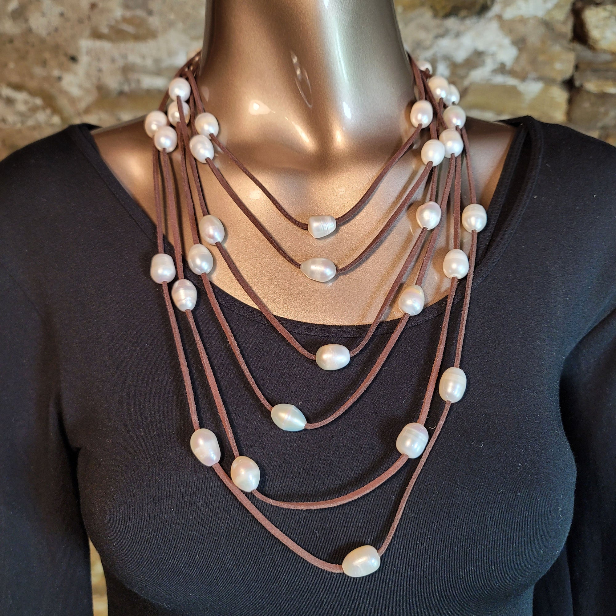 12'-5" Lg. Pearl/Dark Leather Mile Long Wrap Necklace - NPM2