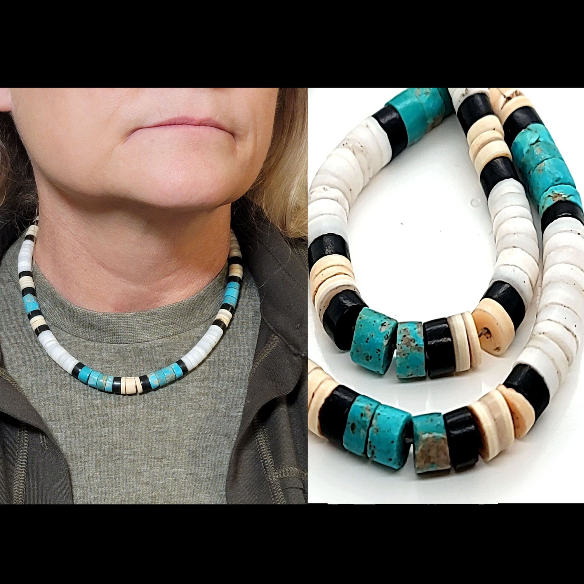 18" Jet, Turquoise, Mother of Pearl & Shell Sliced Necklace - NWP2