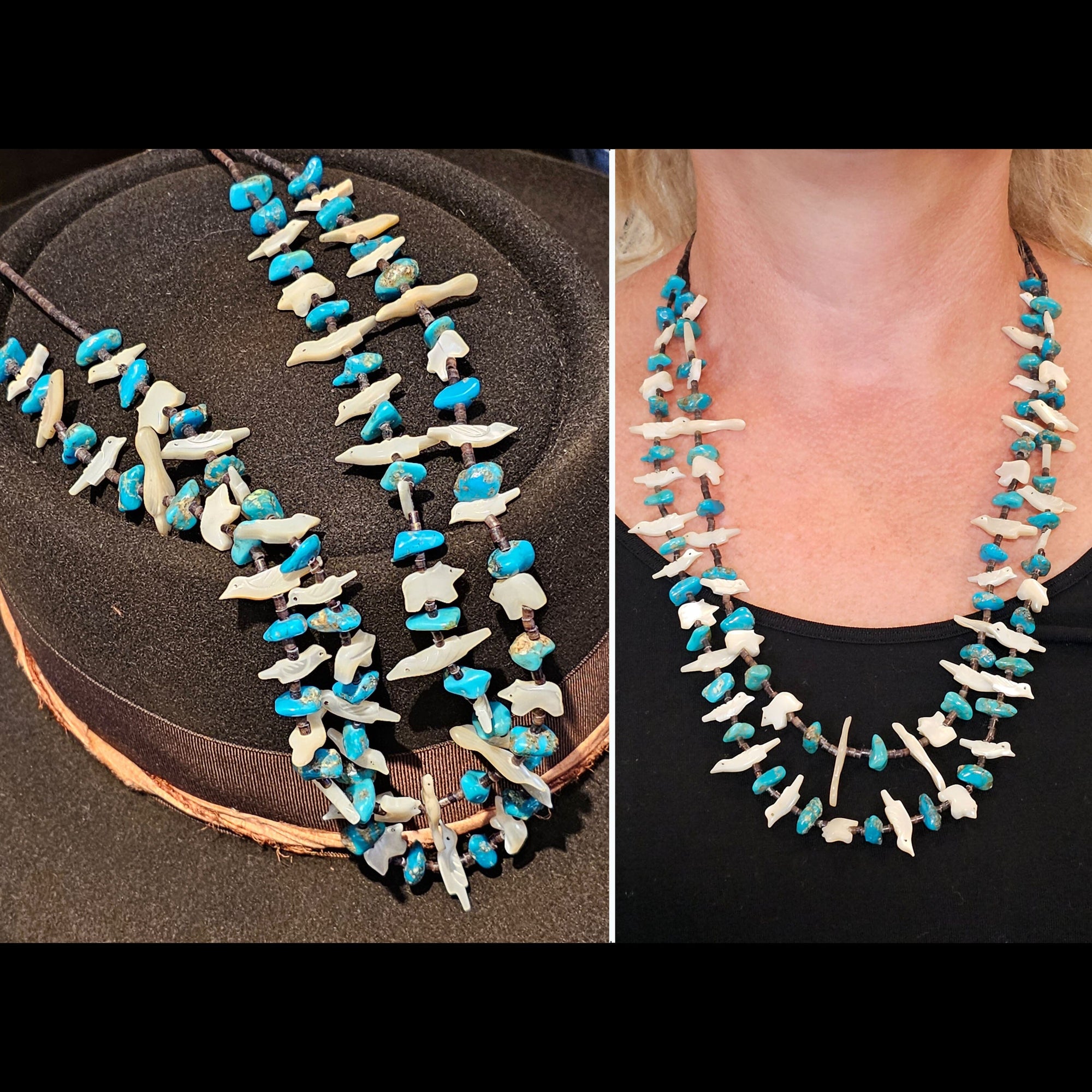 20" Vintage Turquoise with Mother of Peal Bird Fetish Necklace - NDA2