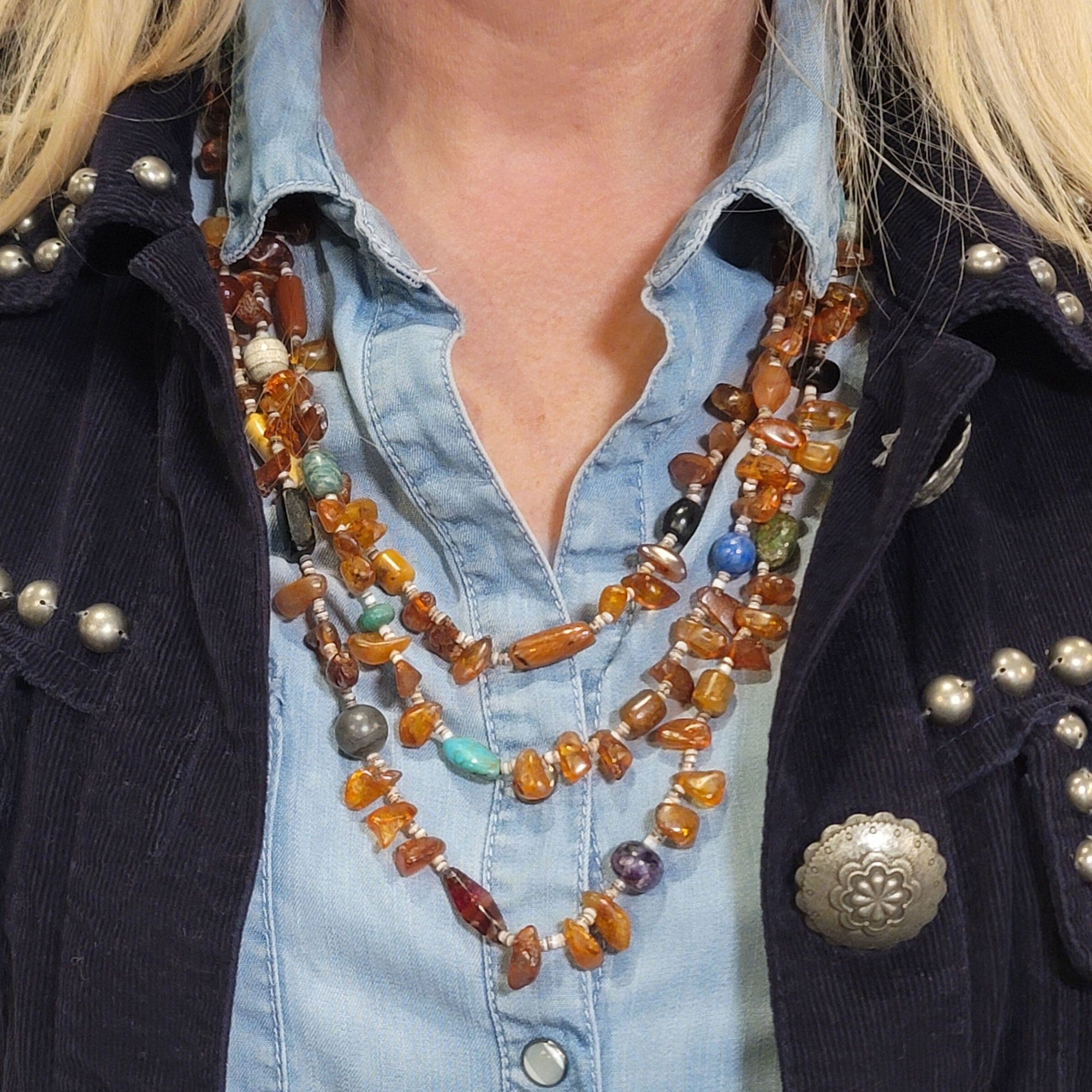 3-Strand Amber & Multi-Stone Necklace - 31" - NVR2