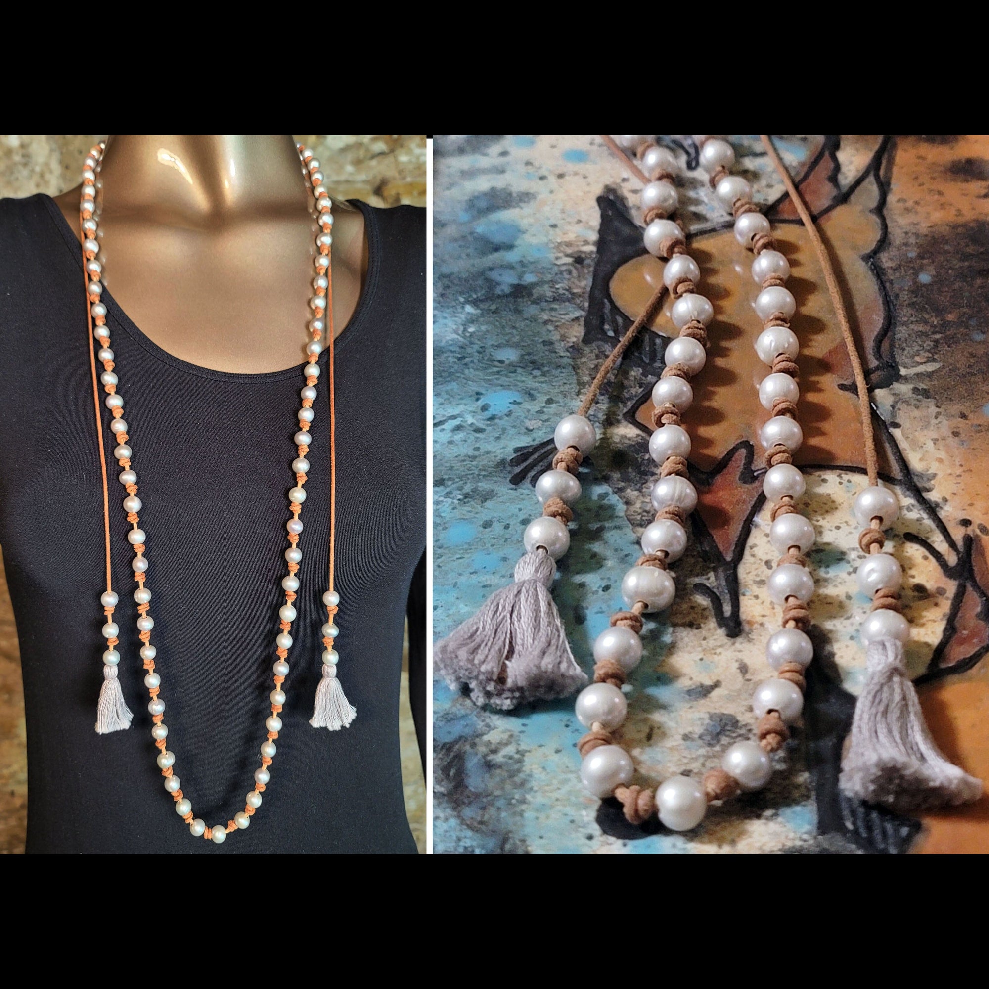 40" Pearl & Leather with Tassel Necklace - N566