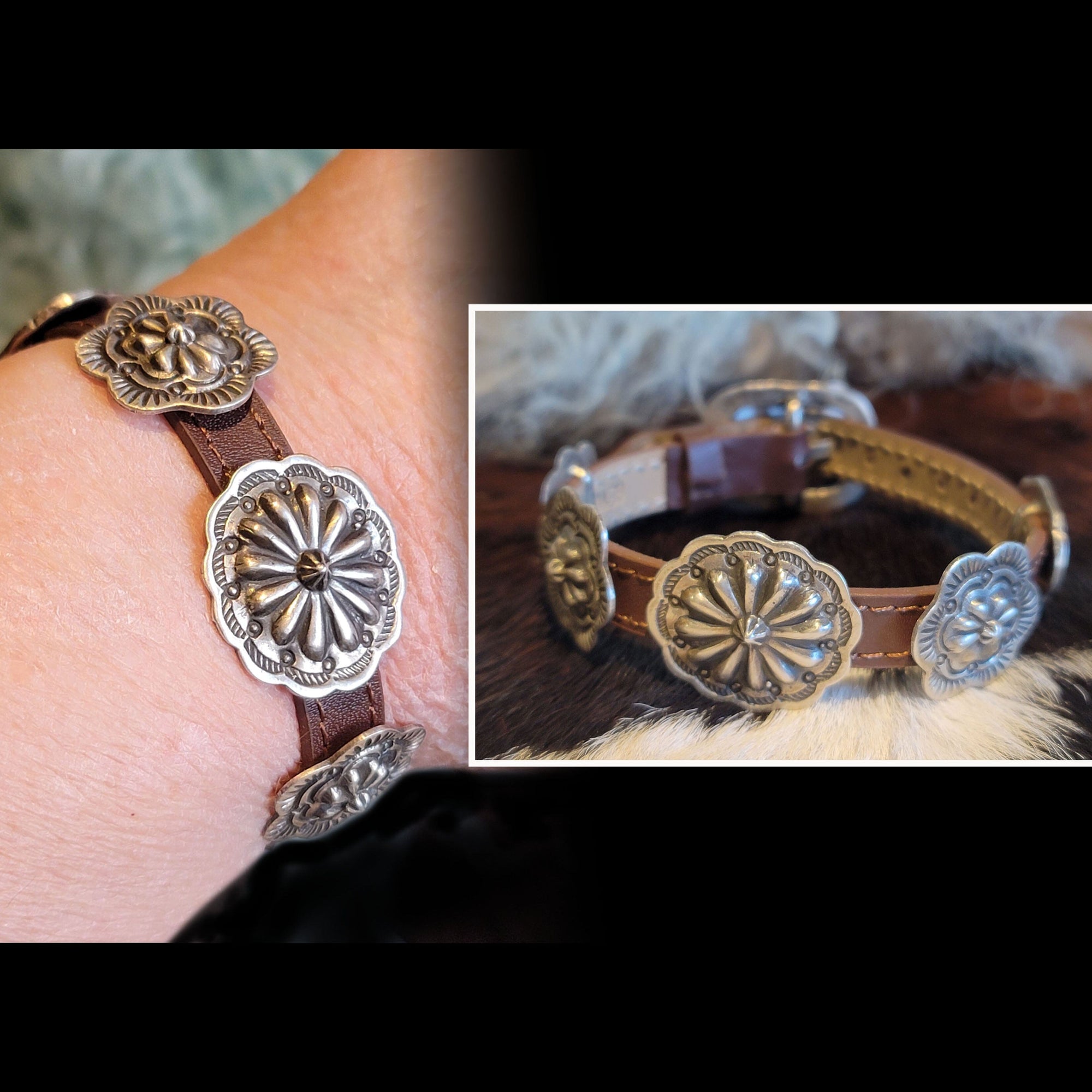 Adjustable Leather Hand with 5 Sterling Conchos - CAZ38-BR