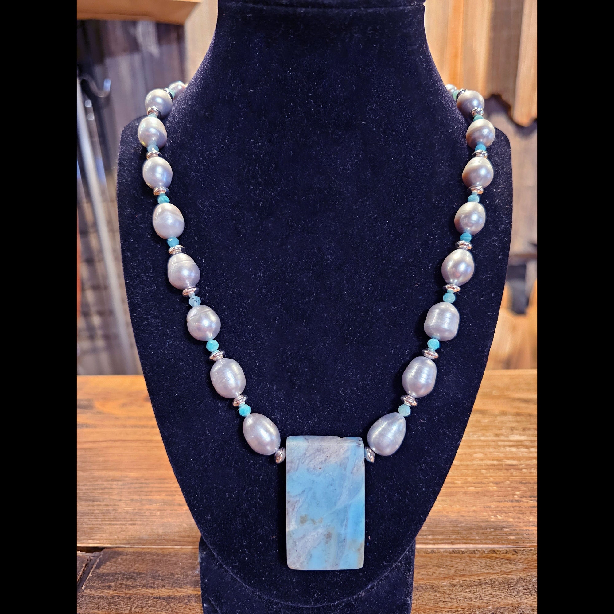 Amazonite on Pearl, Amazonite and Sterling Disc Necklace - NSZ70