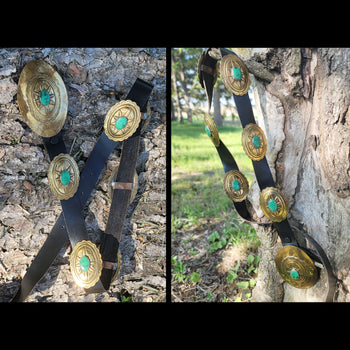 Brass Concho Belt - Green Stones, Adjustable - 29-32" - Belt76