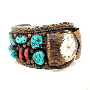 Brass / Turquoise / Coral Watch Cuff - CSJ1