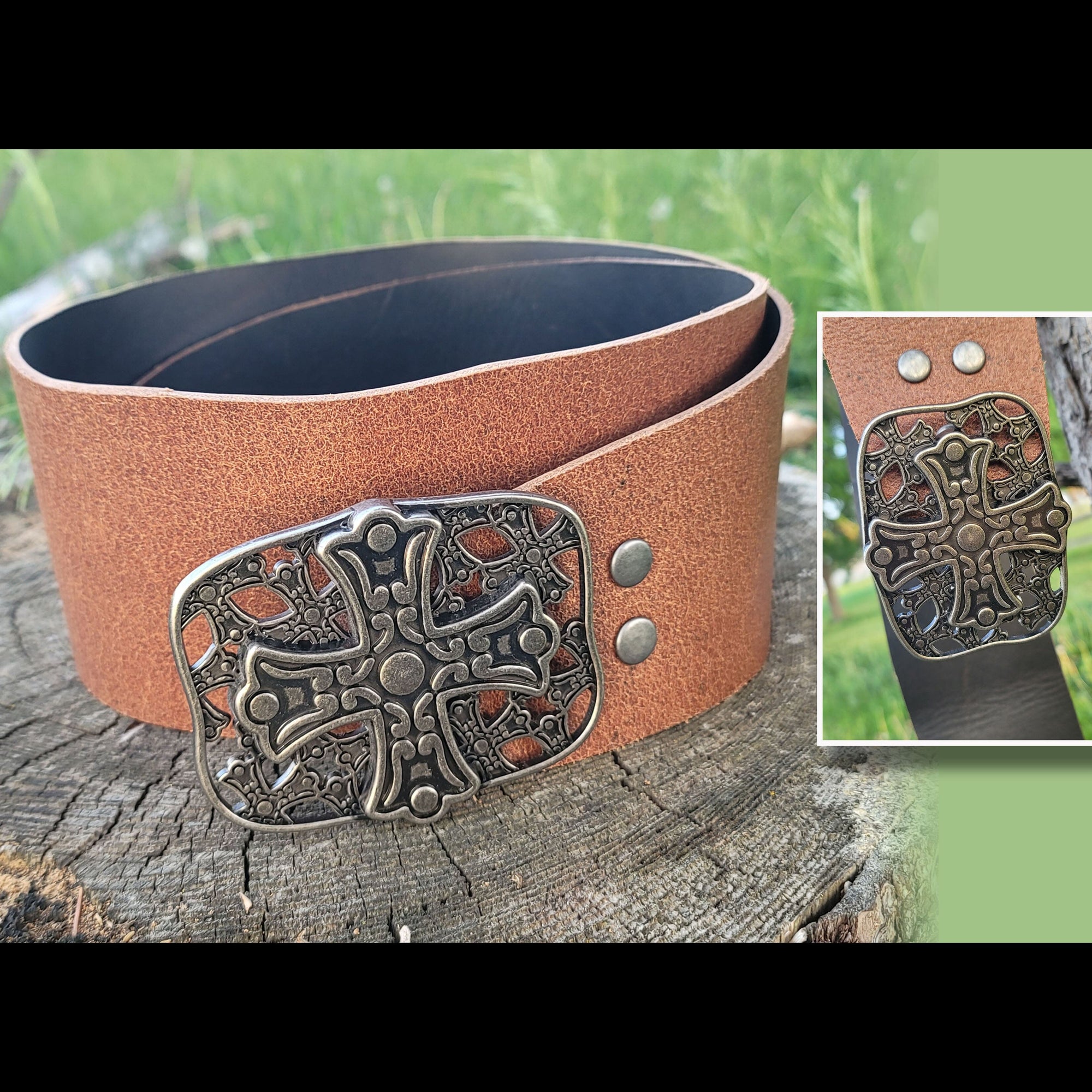 Brown Leather Belt with Cross Buckle - BJO11