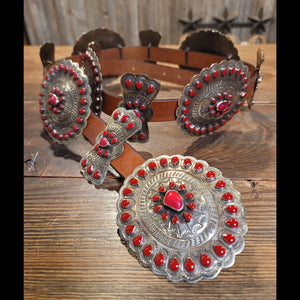 Concho Belt - Red Stone/Red Enamel (German Silver) Brown Leather Belt - BBAR8