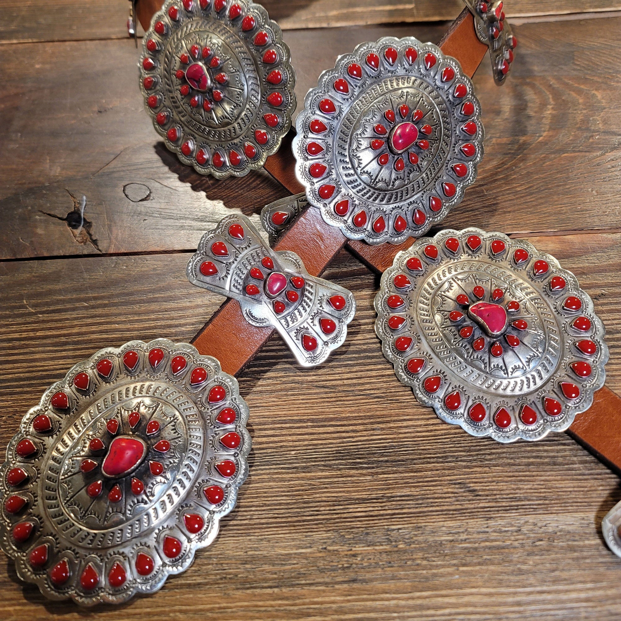 Concho Belt - Red Stone/Red Enamel (German Silver) Brown Leather Belt - BBAR8