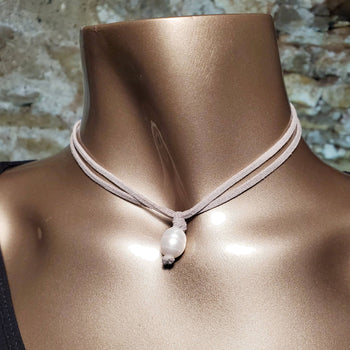 (N) Leather With Single Pearl Necklace - NK17-G