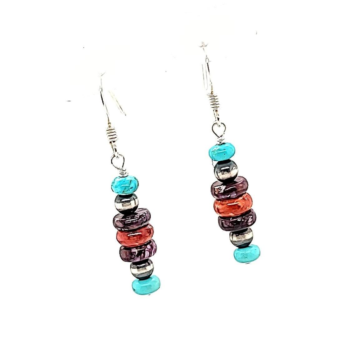 Navajo Pearl, Spiny Oyster and Turquoise Drop Earrings - ESP69-C