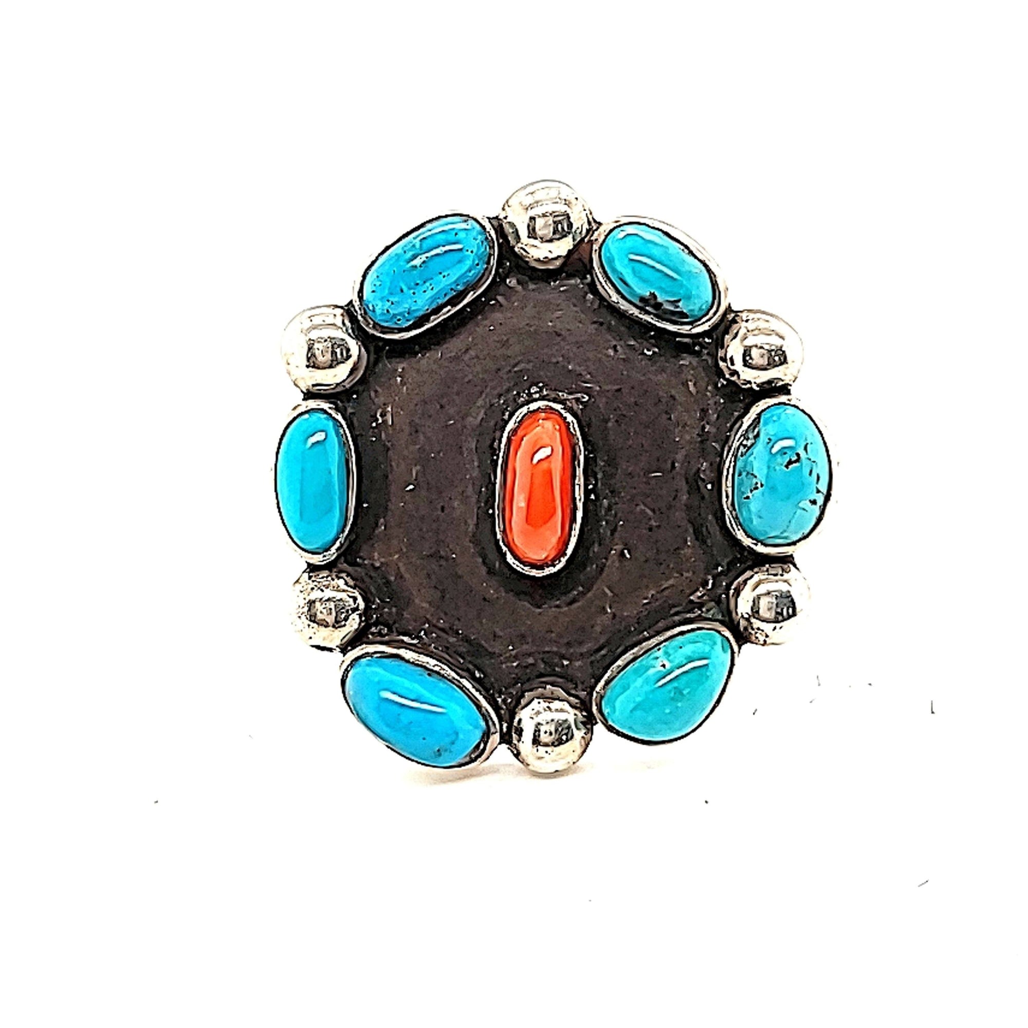 Turquoise and Coral Round Ring - Size 9.25 - RMH48