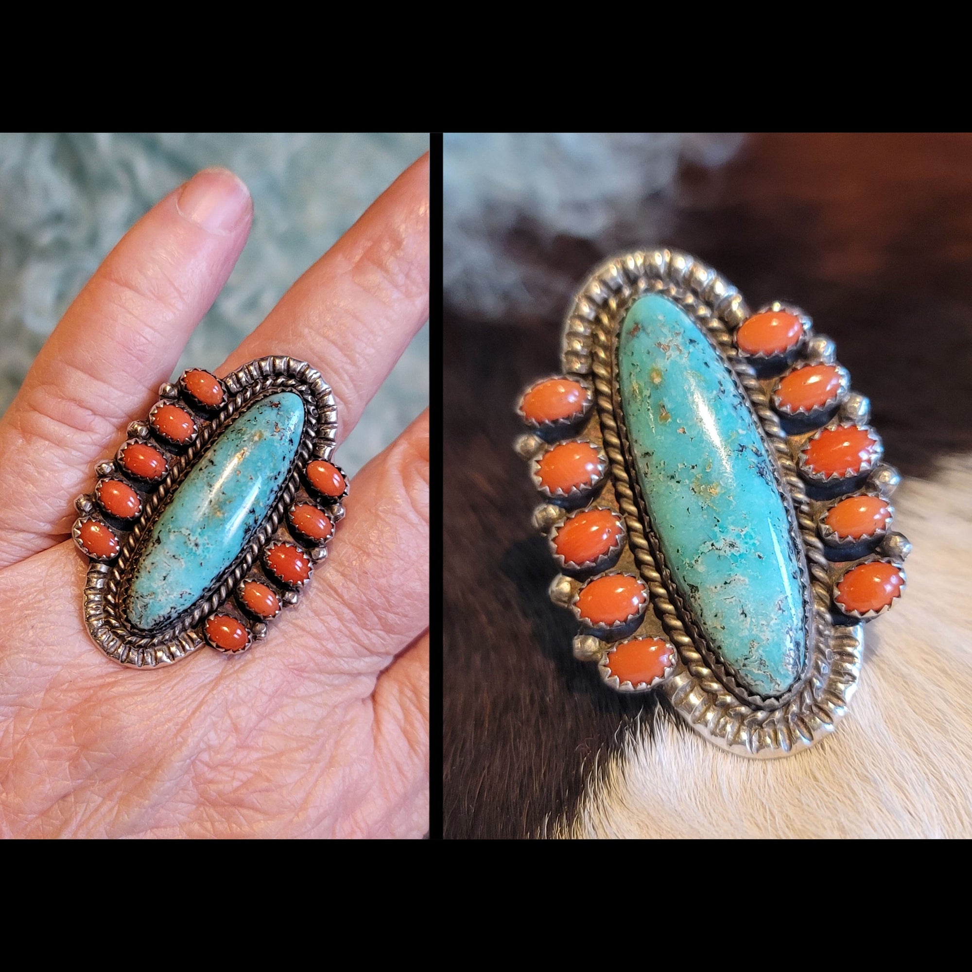 Turquoise / Coral Ring - Size 8.5 - RMH94