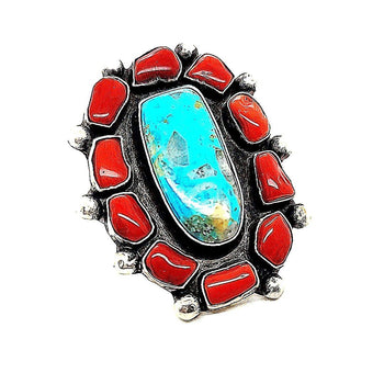 Turquoise / Coral / Sterling Ring - Size 7.5 - R298
