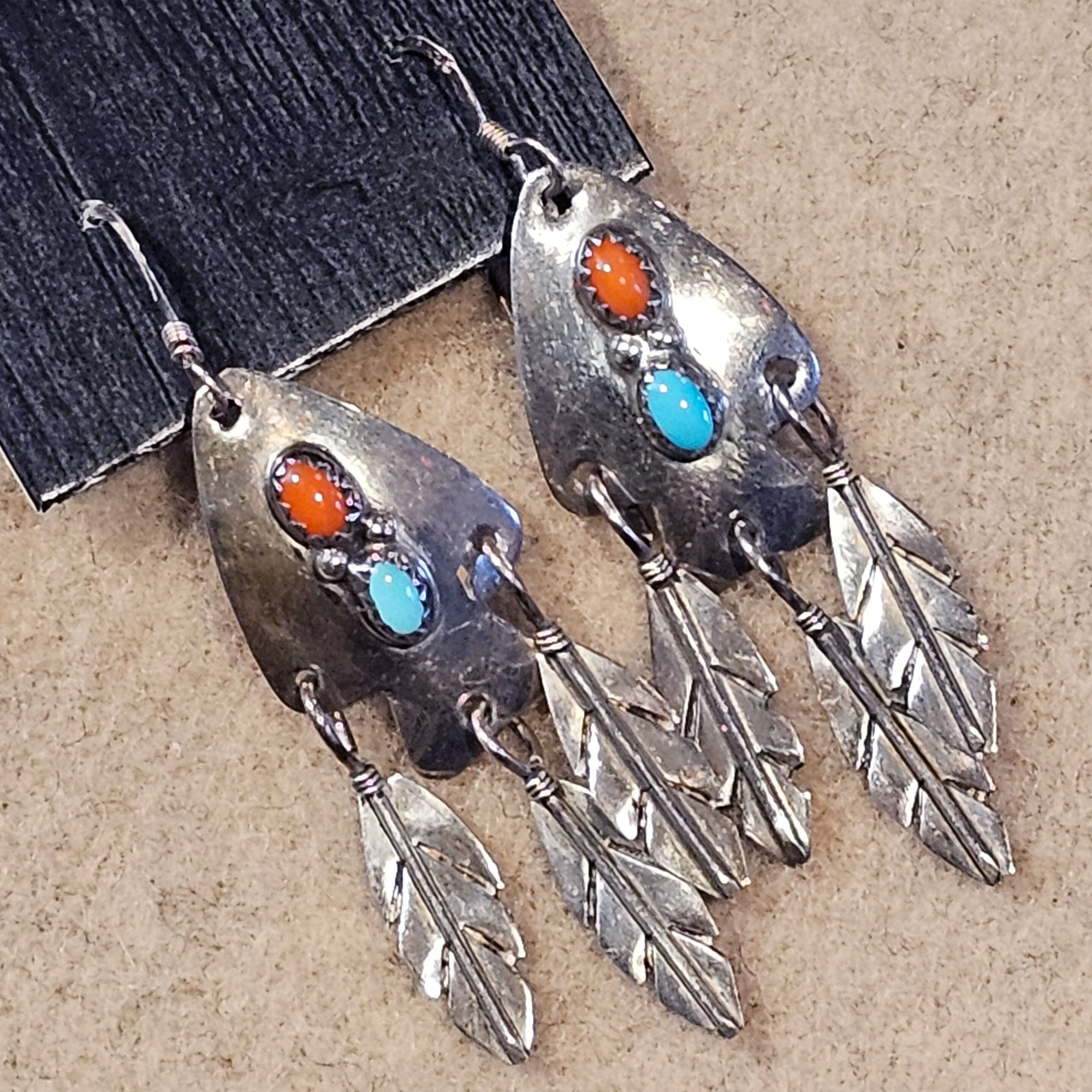 Turquoise & Coral With Feathers Earrings - EOA2