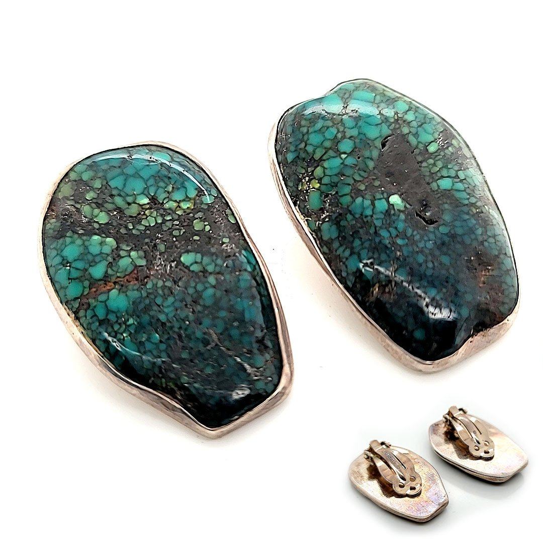Vintage Tibetan Turquoise / Sterling Clip Earrings - E433
