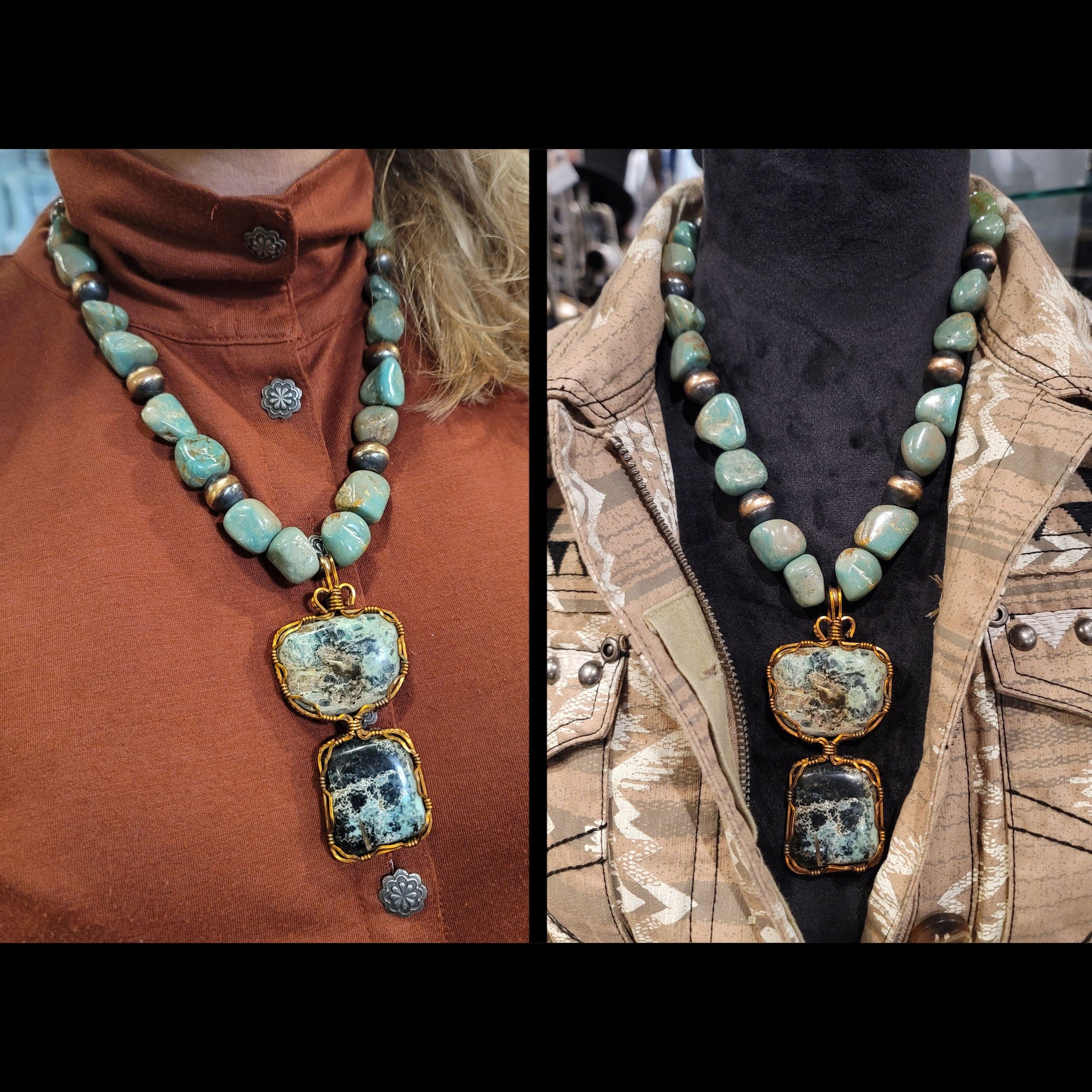 Wired “Apache Turquoise” and Copper Pearl Necklace - NSZ48